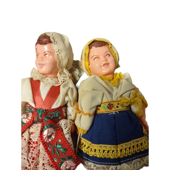 2 Vintage Creepy 1965 Czechoslovakia Hard Plastic Dolls Eyes Close Lace Dresses - Picture 2 of 7